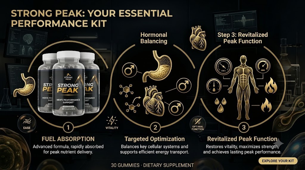 The brand's three step graphic for Strong Peak showing fuel absorption, targeted optimization and revitalized peak function